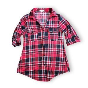 Red Plaid Button-Up Shirt, Women's M